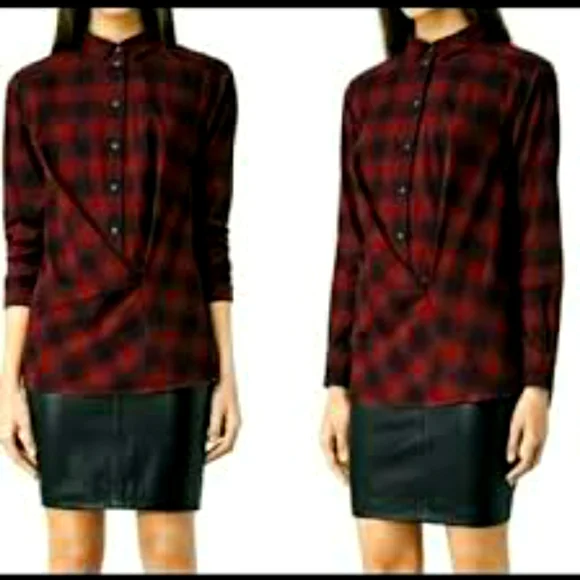 All Saints burgundy red and black buffalo plaid button front tunic dress NWOT - Picture 2 of 2